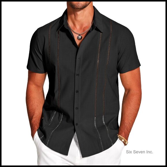 Men's Cuban Guayabera Shirt Short Sleeve Button Down Casual Summer Linen